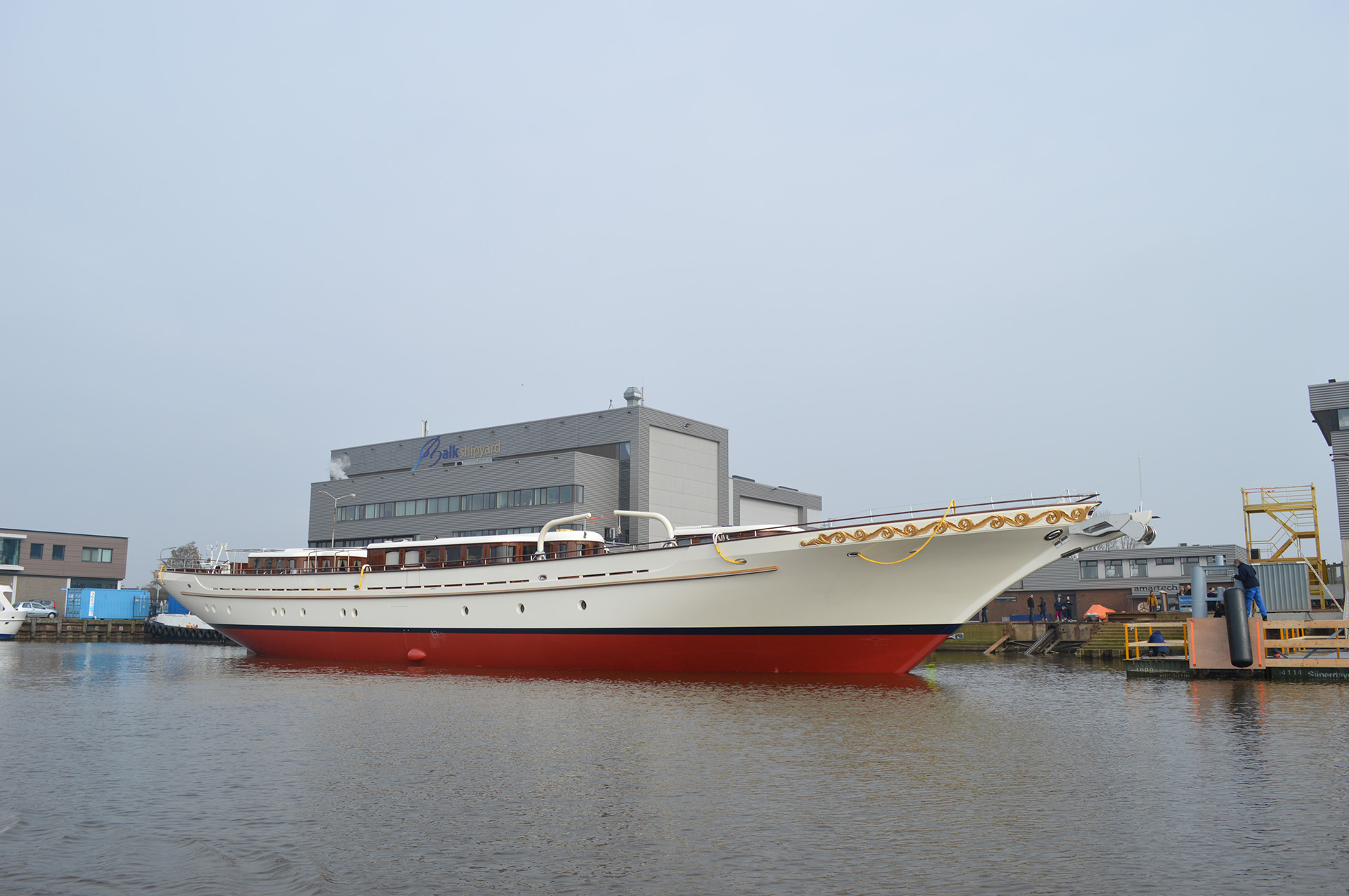 Sailing yacht Mikhail S. Vorontsov in the water at Balk Shipyard after the finished new build.