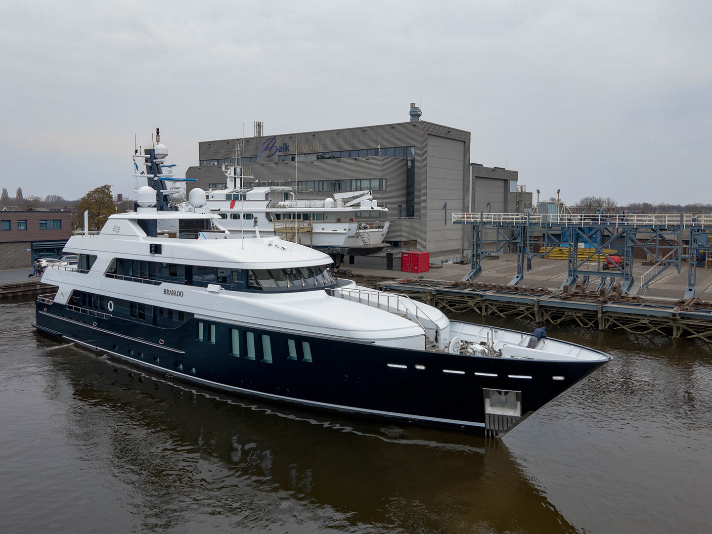 Motor yacht Bravado in the water after rebuild by Balk Shipyard in the Netherlands.