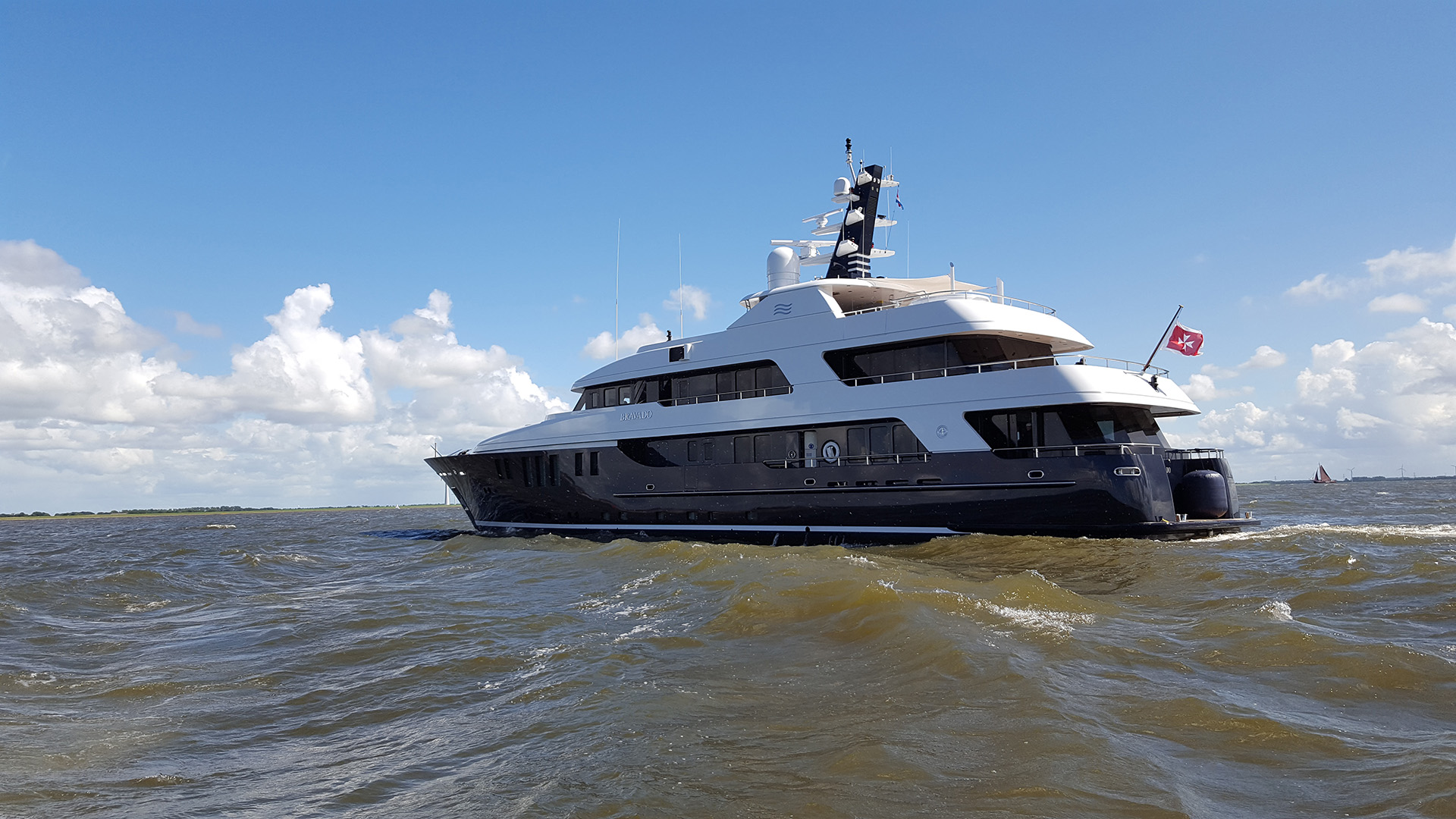 Motor yacht Bravado on sea trials after rebuild by Balk Shipyard.