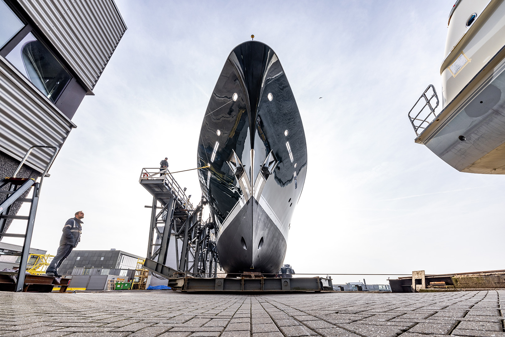 Motor yacht Emerald on lifting system after extensive rebuild by Balk Shipyard.
