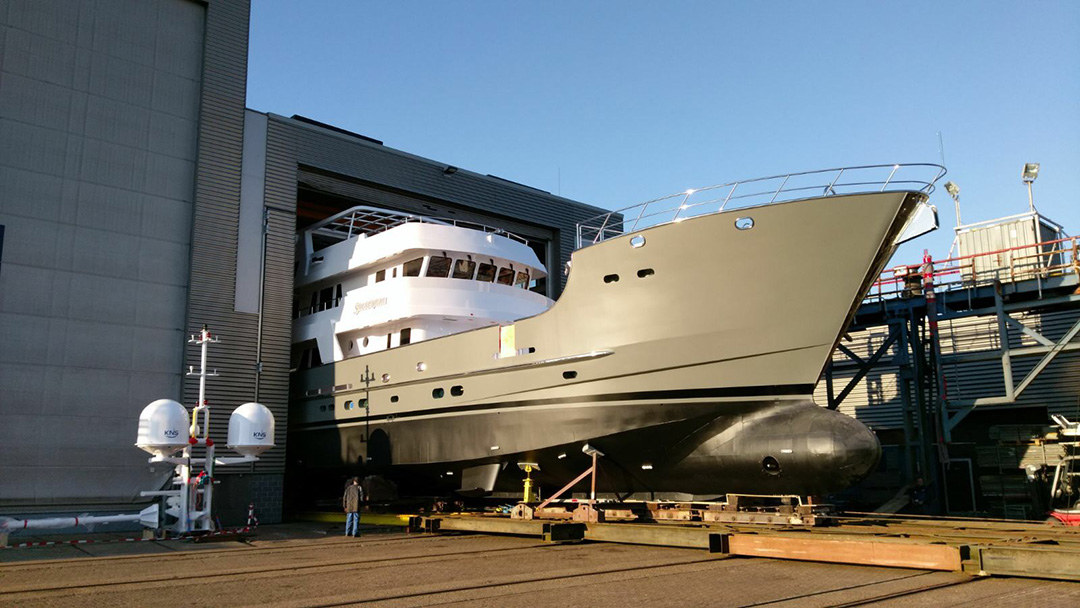 Superyacht Sandalphon goes back into the water after rebuild at Balk Shipyard.