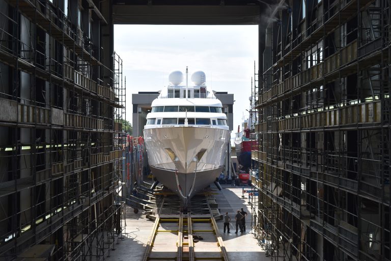 Superyacht Dancing Hare goes out of the hall at Balk Shipyard after refit.