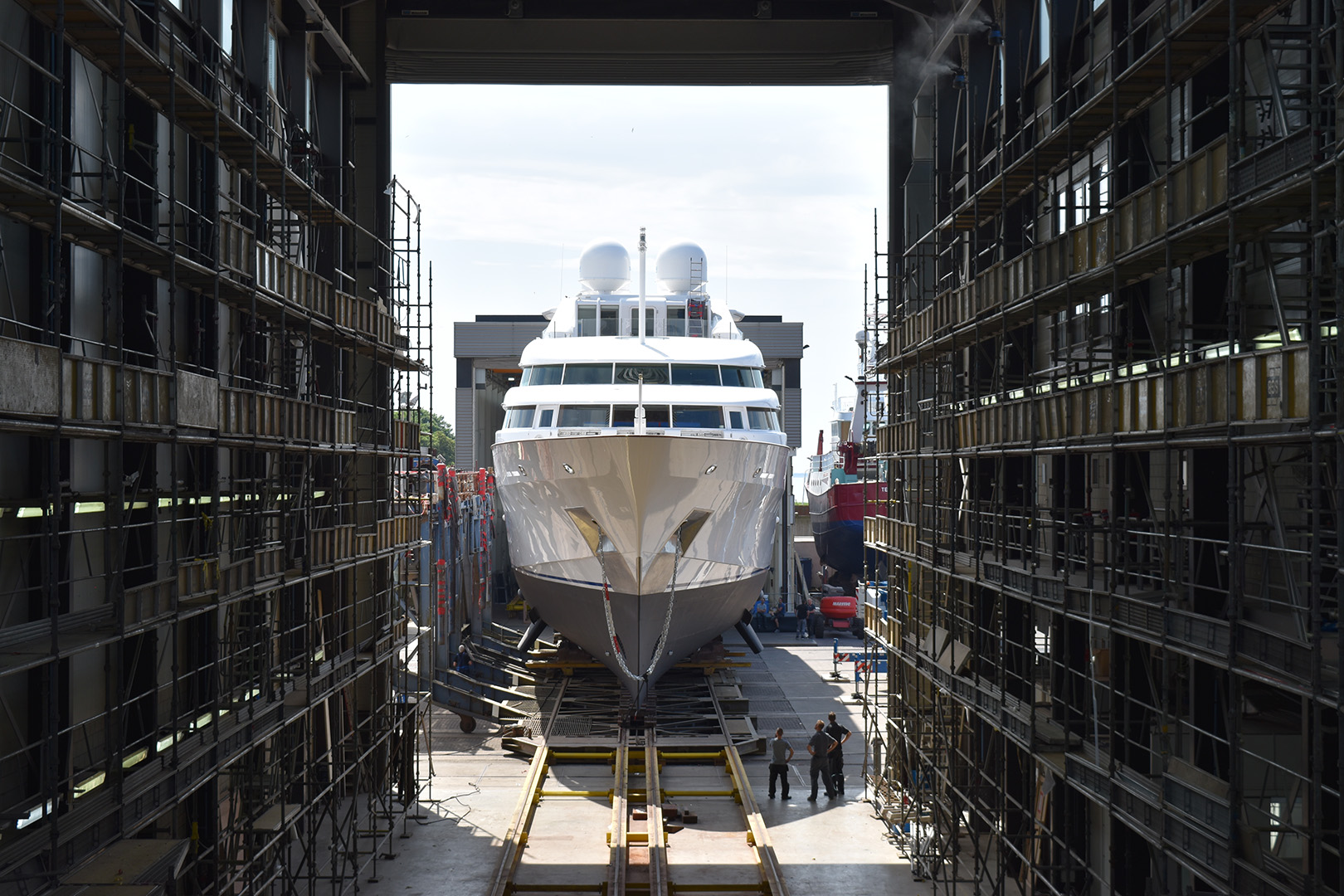 Superyacht Dancing Hare goes out of the hall at Balk Shipyard after refit.
