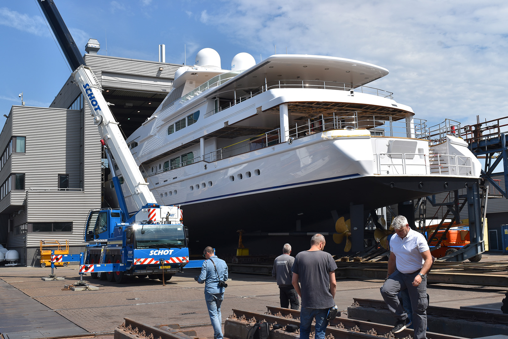 Superyacht Dancing Hare goes out of the hall at Balk Shipyard after refit.