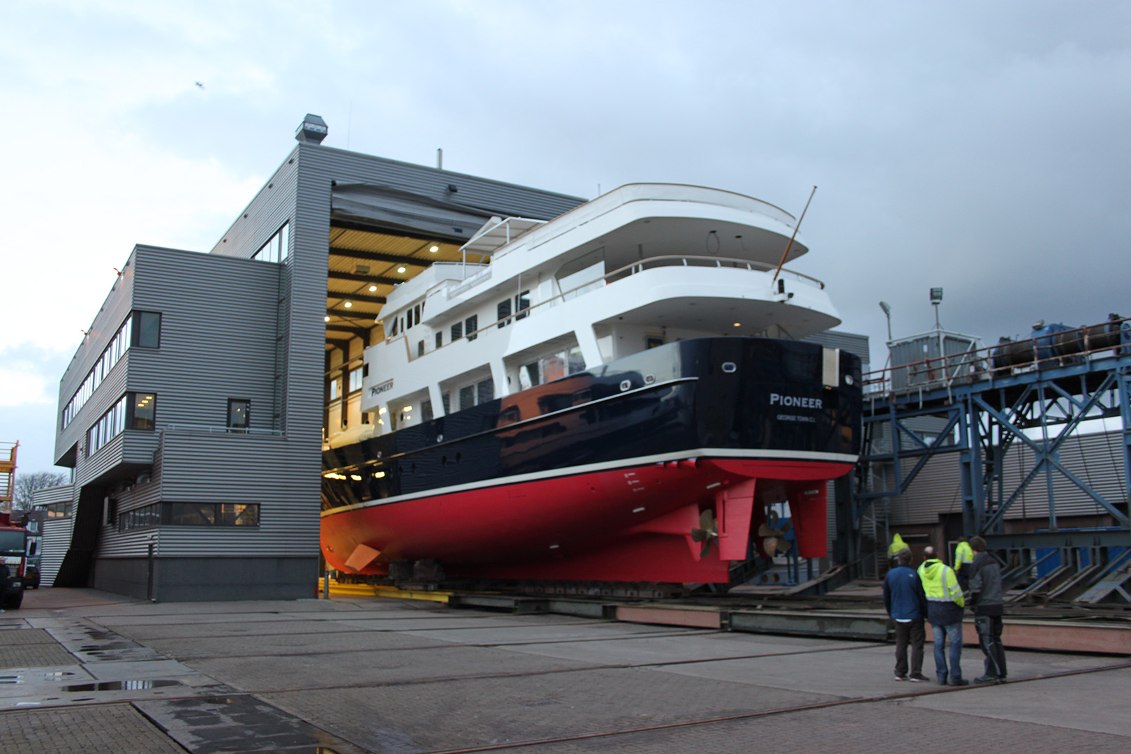 Superyacht Pioneer goes into the hall at Balk Shipyard for refit.