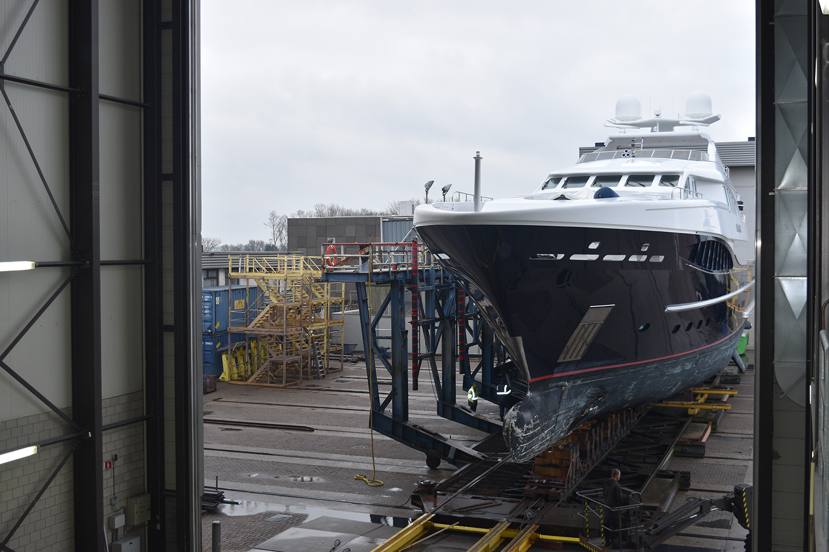 Superyacht Stormborn goes into hall for refit at Balk Shipyard.