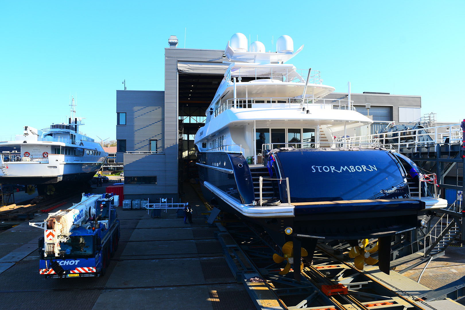 Superyacht Stormborn finished after refit. Ready to go into the water again.