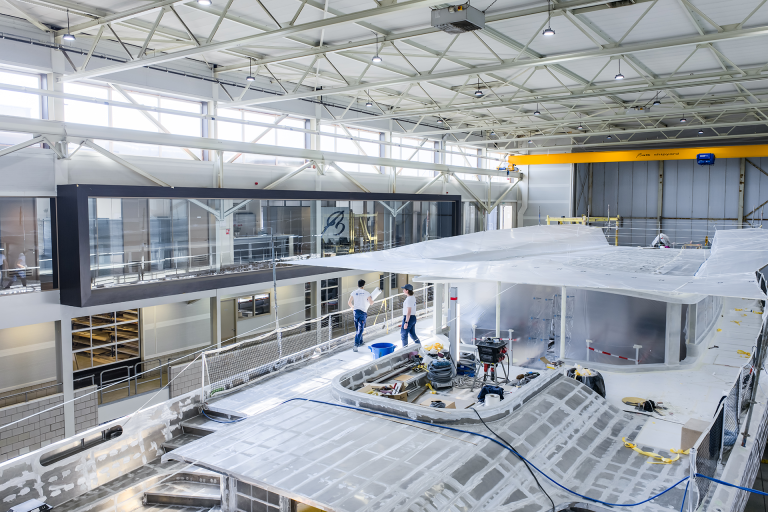 Superyacht shipyard in Holland. With offices with project overview.